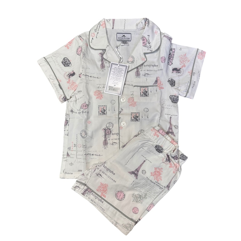 Petite Plume Girls Paris Musings Classic Short Pajama Set White Pink Size 2 NEW